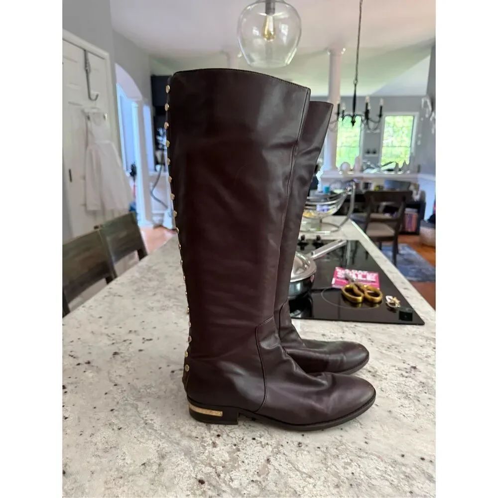Vince Camuto Parshell Brown Leather Studded Back Zipper Ridding Boot sz 9.5 ( fl